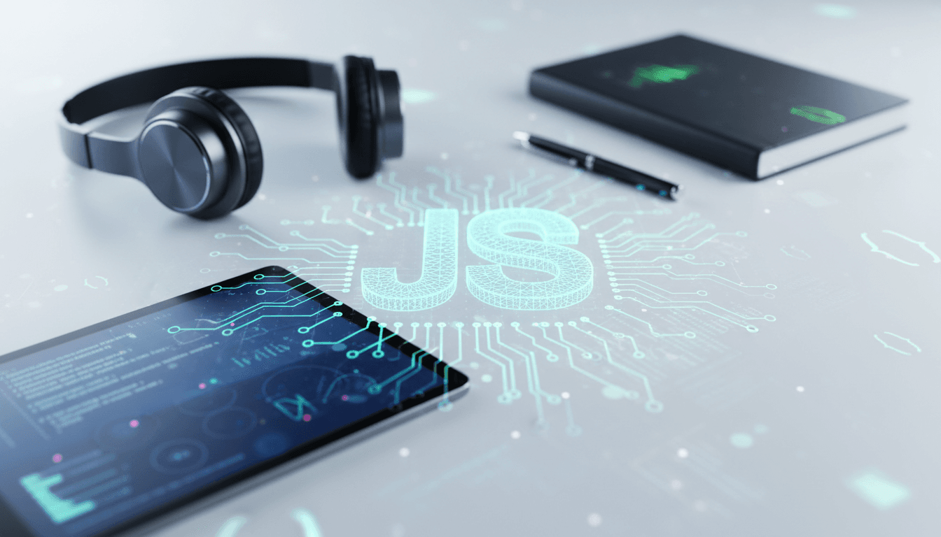 Hands typing on a laptop under 'Your First JavaScript Interview' title banner.